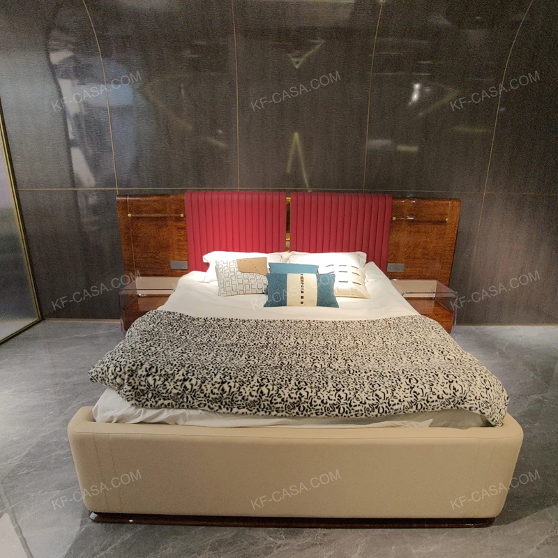 Natural Wood Headboard Upholstered Bed with Burgundy Leather Panel, Polished Marble Side Accents & Stainless Steel Hardware